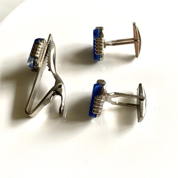 Cuff Link Tie Clip 3 Piece Set Blue Stones Silver Toned.........40 - Picture 4 of 8